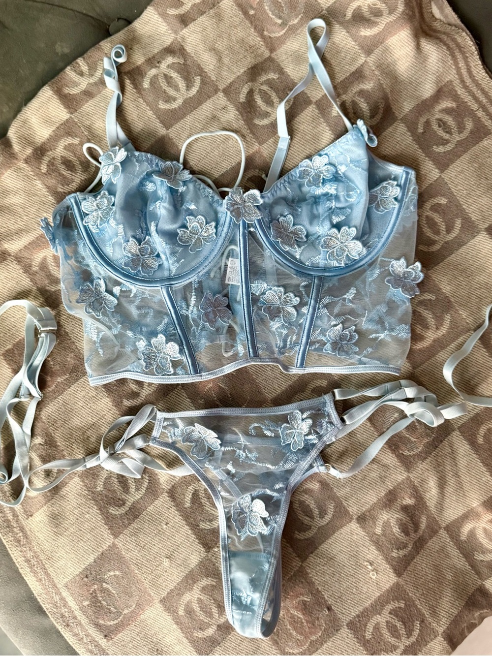 Powder Blue Floral Embroidered 4 Piece Lingerie Set